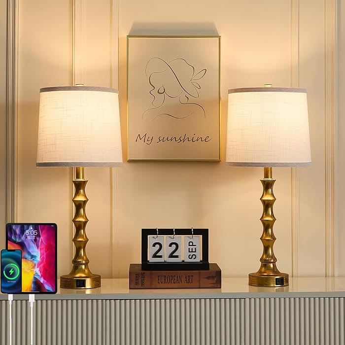 Gold Table Lamp 24" Nightstand Lamps Set of 2 Bamboo Shape Base Metal Desk Lamps with Linen White... | Amazon (US)