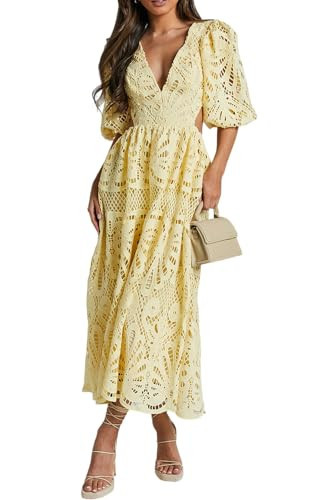 yoeasy Womens Lace Embroidered Hollow Out Dress Lantern Short Sleeve V Neck Cutout Flowy Swing Boho Maxi Dress (Large, Yellow) | Amazon (US)