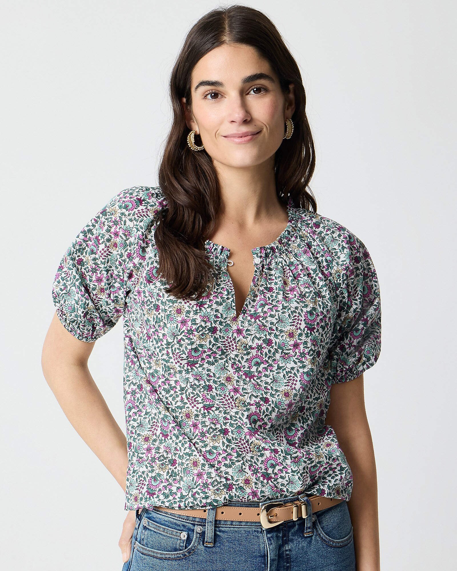 Printed puff-sleeve split-neck top | J.Crew Factory