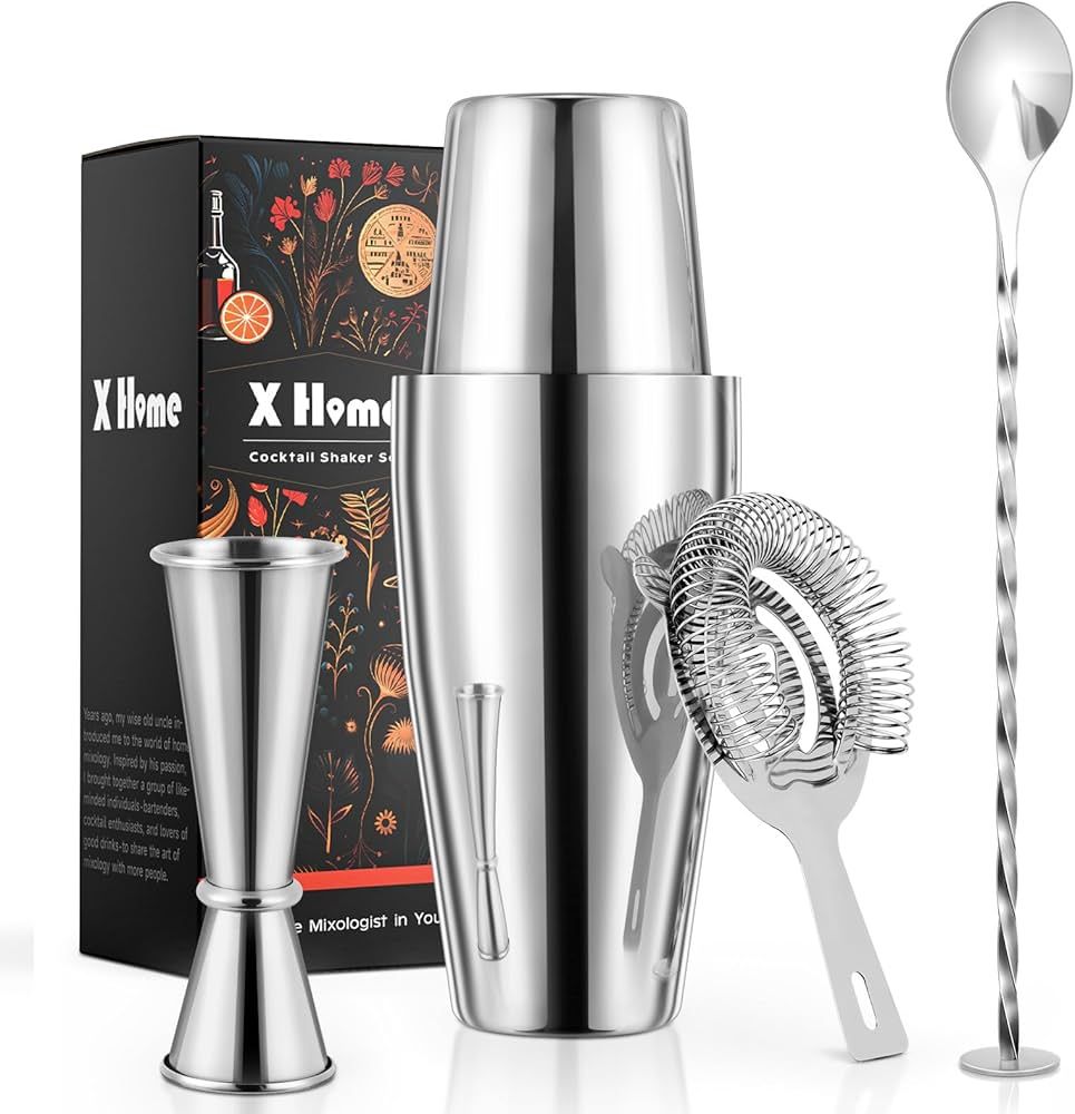X Home Cocktail Shaker Set, Professional 4-Piece Bar Tool Set with Easy-to-Measure Jigger, 10-inc... | Amazon (US)