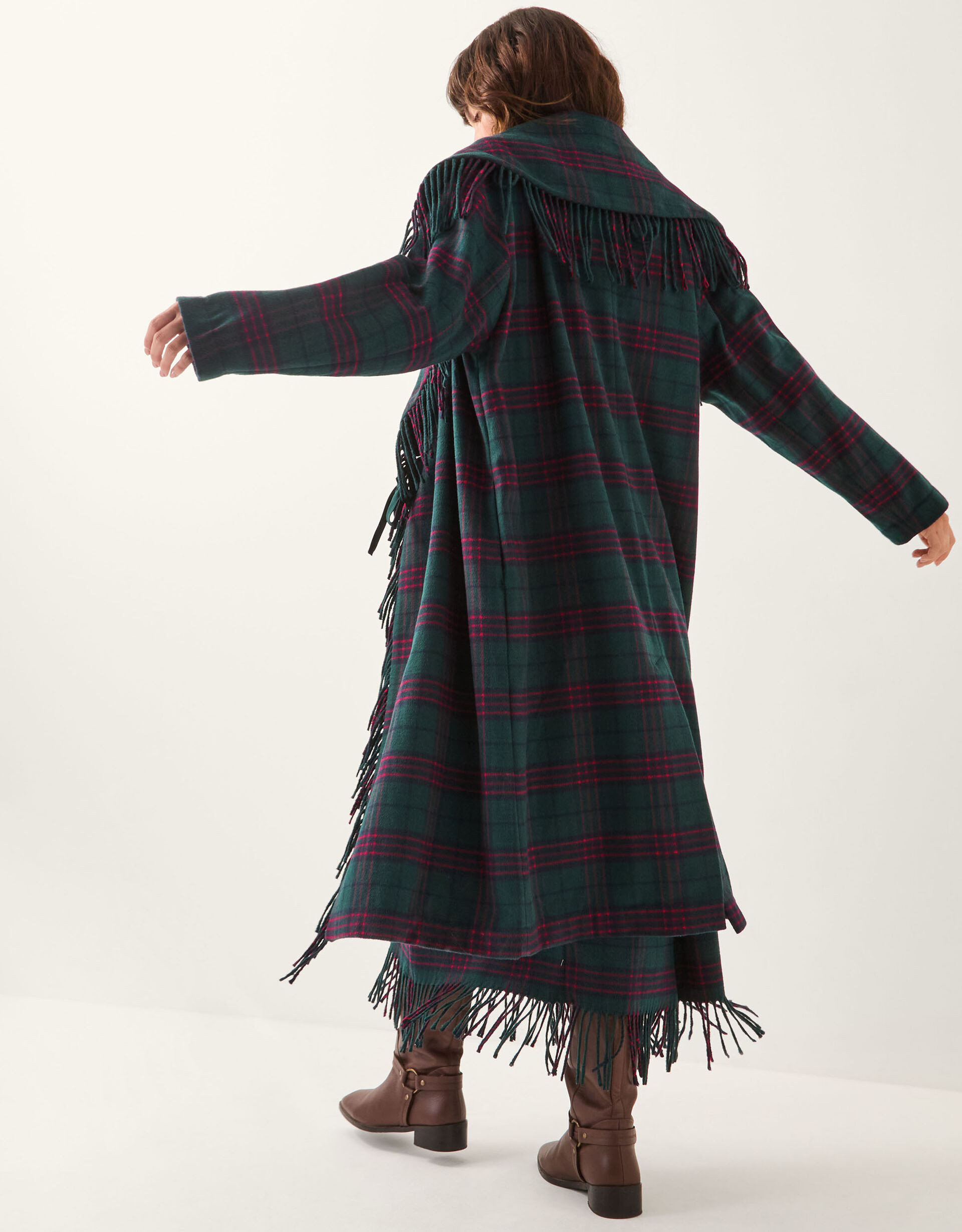 Monsoon x Sarah Corbett-Winder Tartan Fringe Coat Teal | Monsoon (UK)