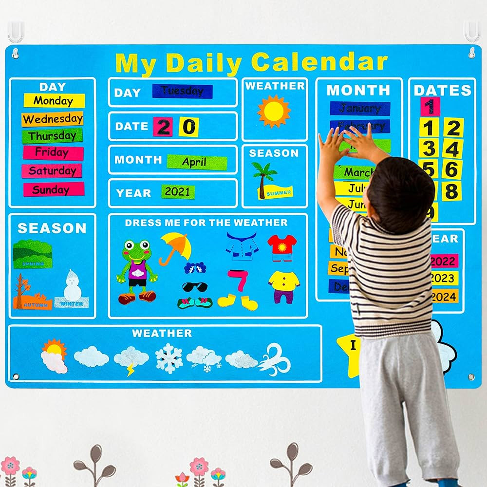 WATINC My First Daily Calendar Felt-Board for Kids 3.5Ft 70Pcs All About Today Funky Frog Weather... | Amazon (US)