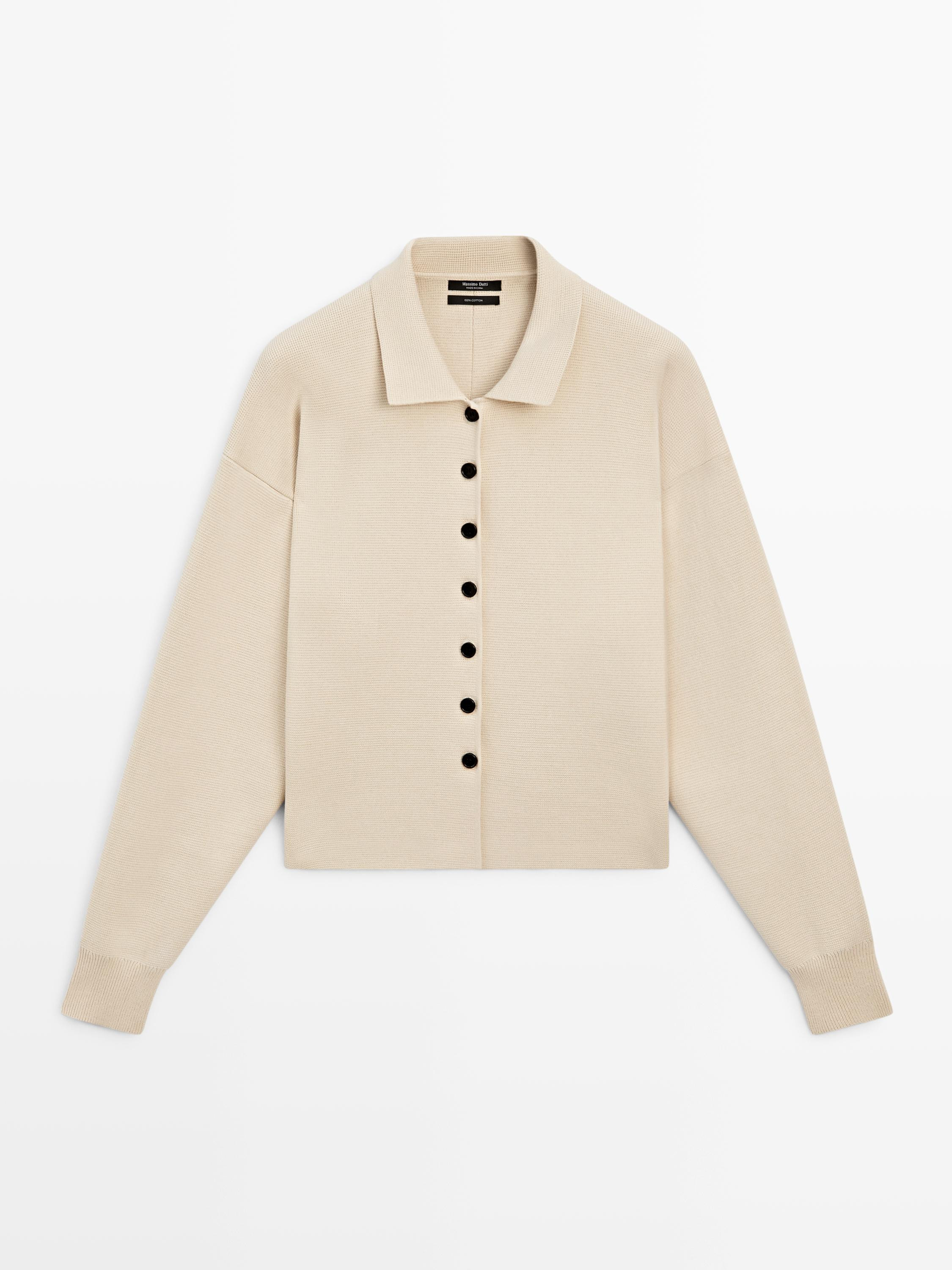 Cotton knit polo collar cardigan | Massimo Dutti UK