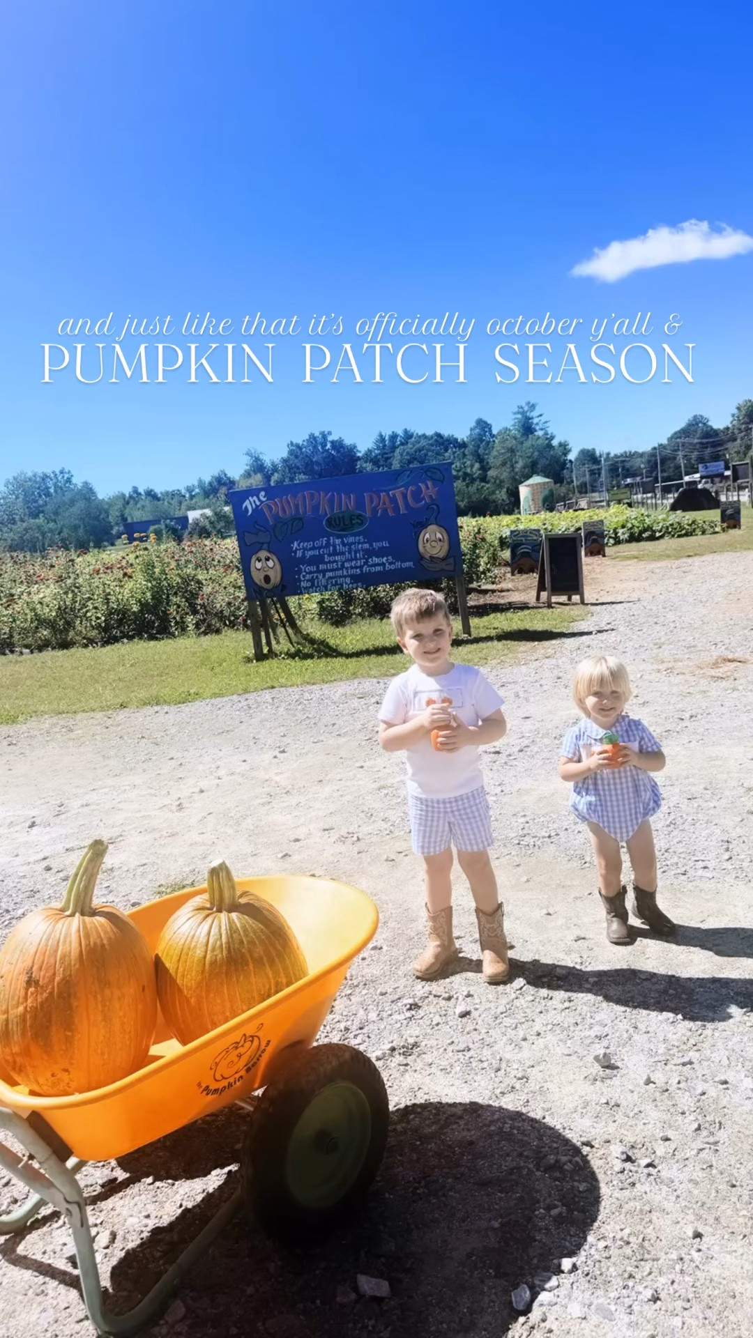 Cheers 🎉 to the very first day of  O C T O B E R  🎃🍁🍂 y’all!! 🧡🌼 We sure are excited 🥰 to be welcoming in the new season 🌾 (& all the changing leaves 🍃 ahead 🤩) with our two little pumpkins!!! 👶🏼🎃🧡 Happy October 🤎 and Happy Fall, y’all!! 🧺🌻🫶🏽💫 #hellooctober #october #firstofoctober #pumpkinpatchseason #pumpkinpatchtradition