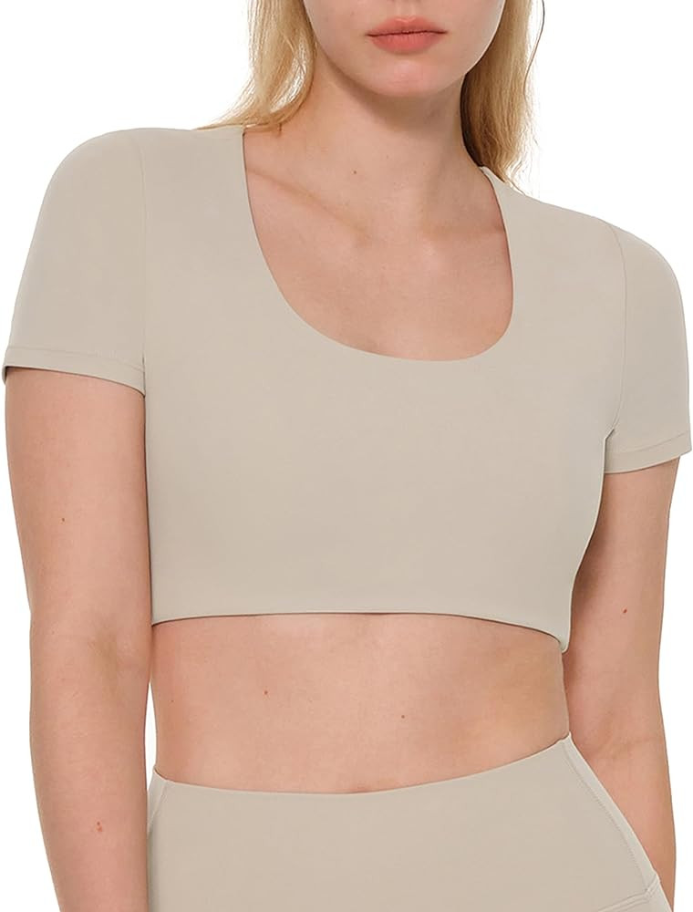 ENERBLOOM Womens Yoga Workout Crop Tops Slim Fit Tees Short Sleeve Built in Bra Mild Support Crea... | Amazon (US)