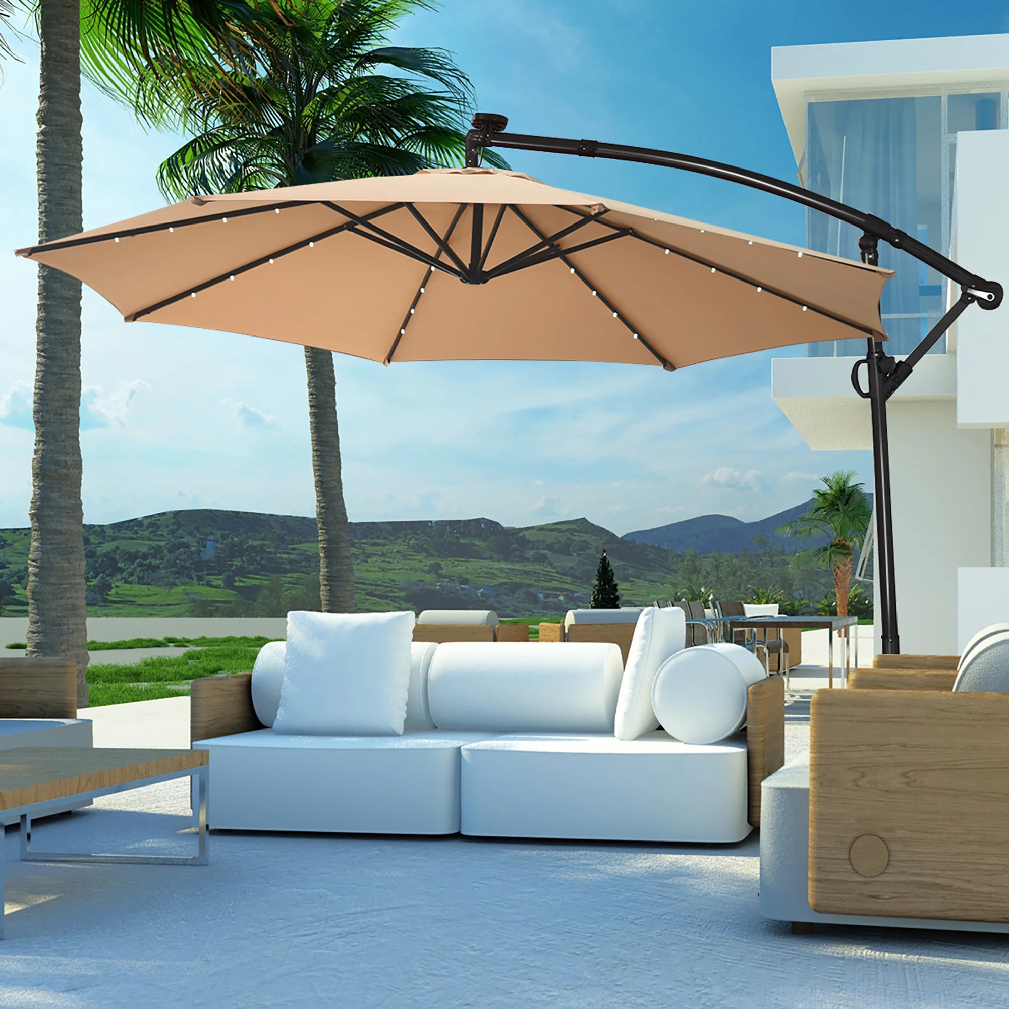 Costway 10FT Patio Umbrella Solar Powered LED 360degrees Rotation Beige | Walmart (US)