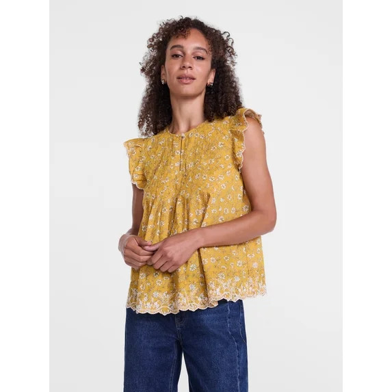 Scenario Women's and Women's Plus Short Sleeve Pleated Embroidered Printed Top, Sizes XS-4X | Walmart (US)
