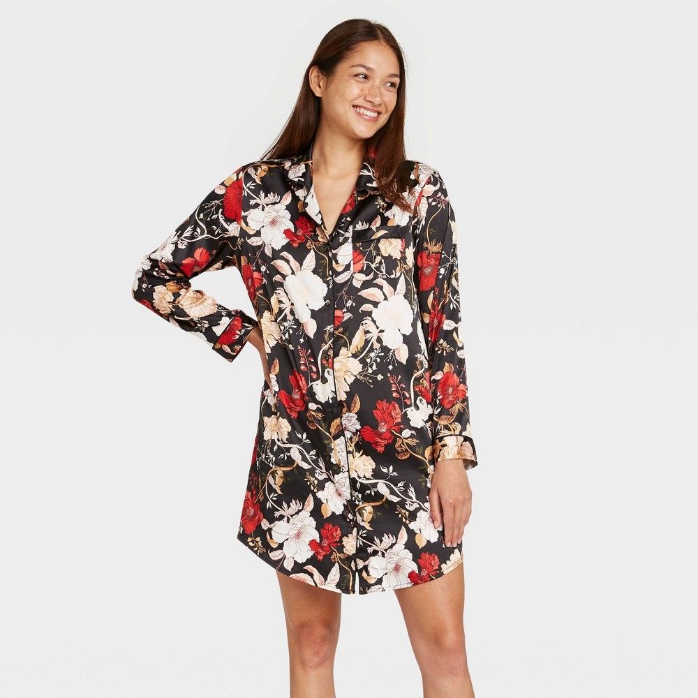 Women's Floral Print Satin Notch Collar Nightgown - Stars Above Black XL | Target