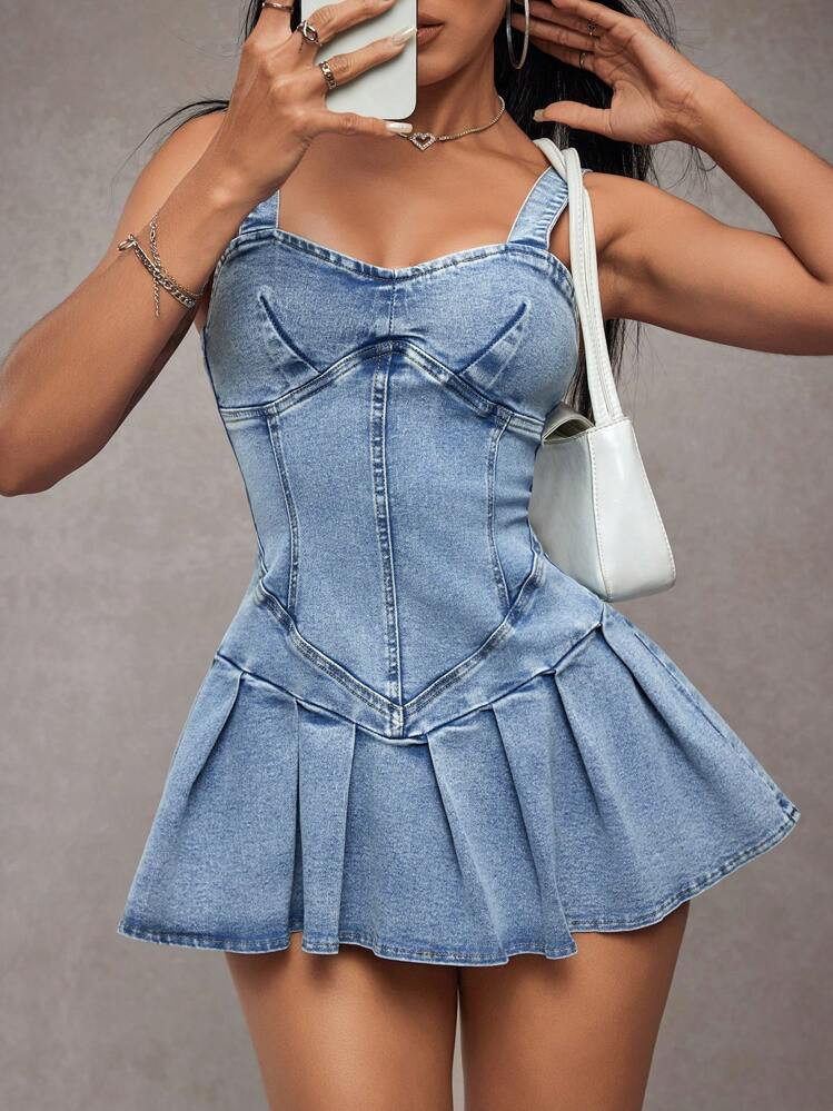 Jeanoix Women Casual Denim Cami Dress With Pleated Hem | SHEIN