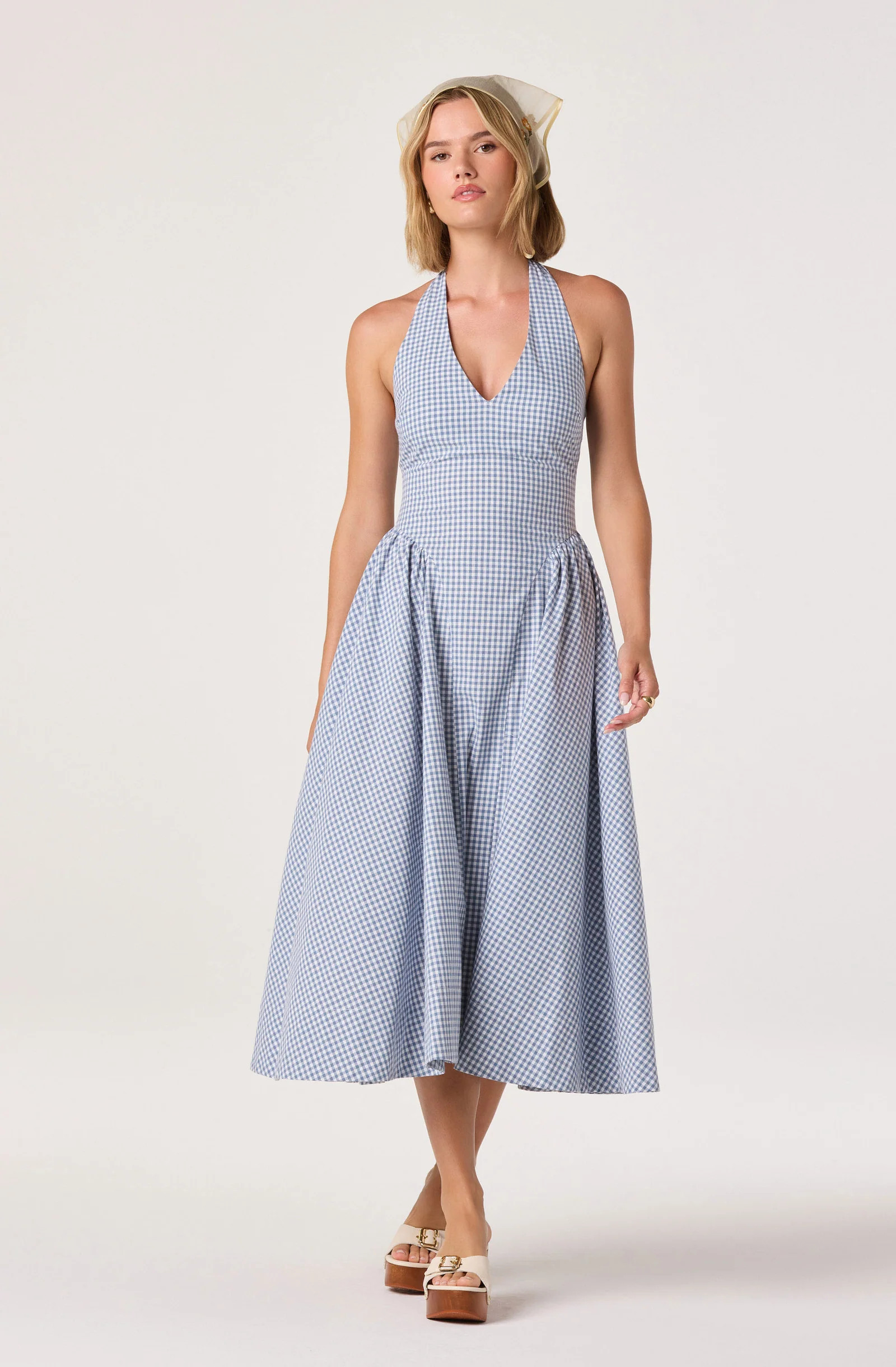 Meana Gingham Halter Midi Dress - Blue gingham / XS | ASTR The Label (US)