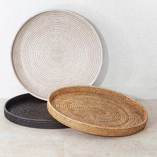 Artifacts Trading Company Rattan Round Ottoman Tray - TB Tudor Black | The Container Store