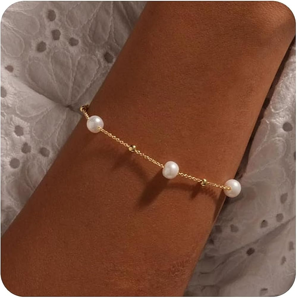 Gold Pearl Bracelets for Women Stainless Steel Adjustable 18K Gold Dainty Pearl Bead Link Simple ... | Amazon (US)