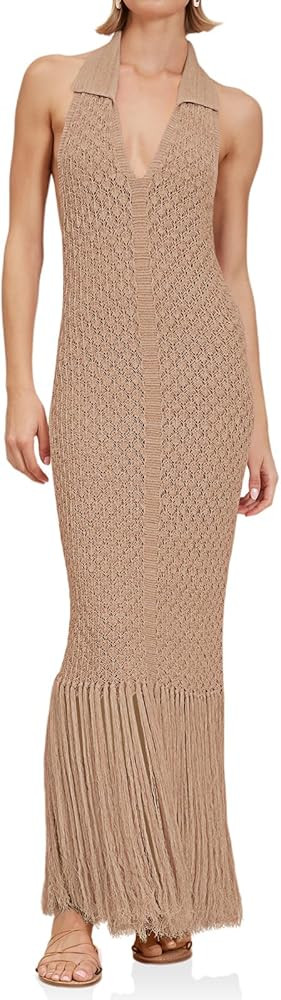 Saodimallsu Womens Halter Crochet Cover Up Fringe Sexy Backless Sleeveless V Neck Collared Vacati... | Amazon (US)