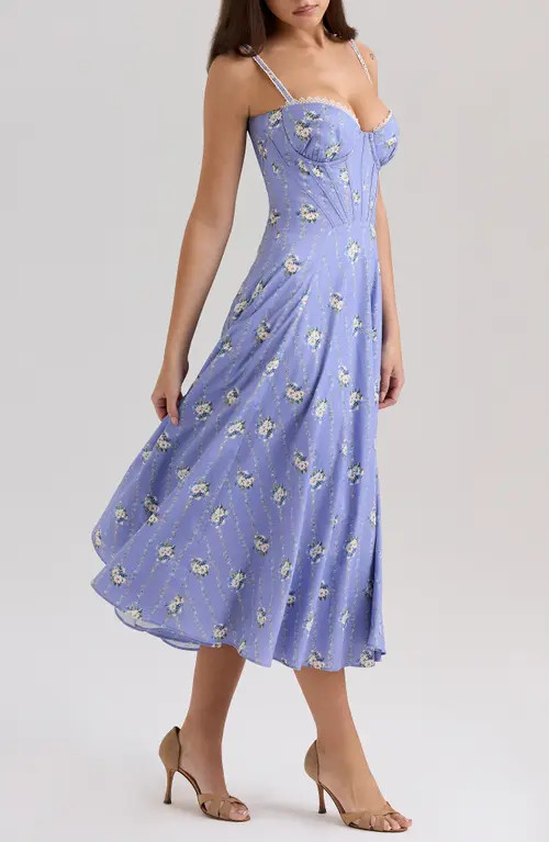 HOUSE OF CB Steffani Underwire Corset Midi Dress in Daisy Stripe Blue at Nordstrom, Size X-Small A | Nordstrom