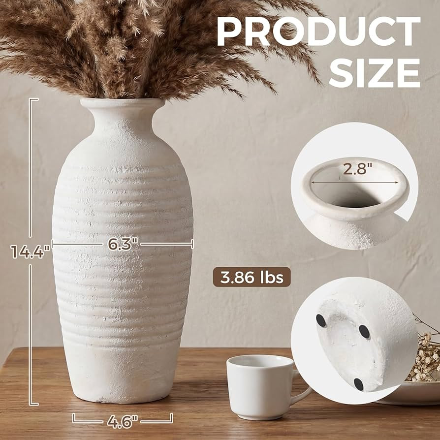 Rustic Ceramic Threaded White Vase, 14.4" H Tall Vases for Centerpieces,Handmade Large Decorative... | Amazon (US)