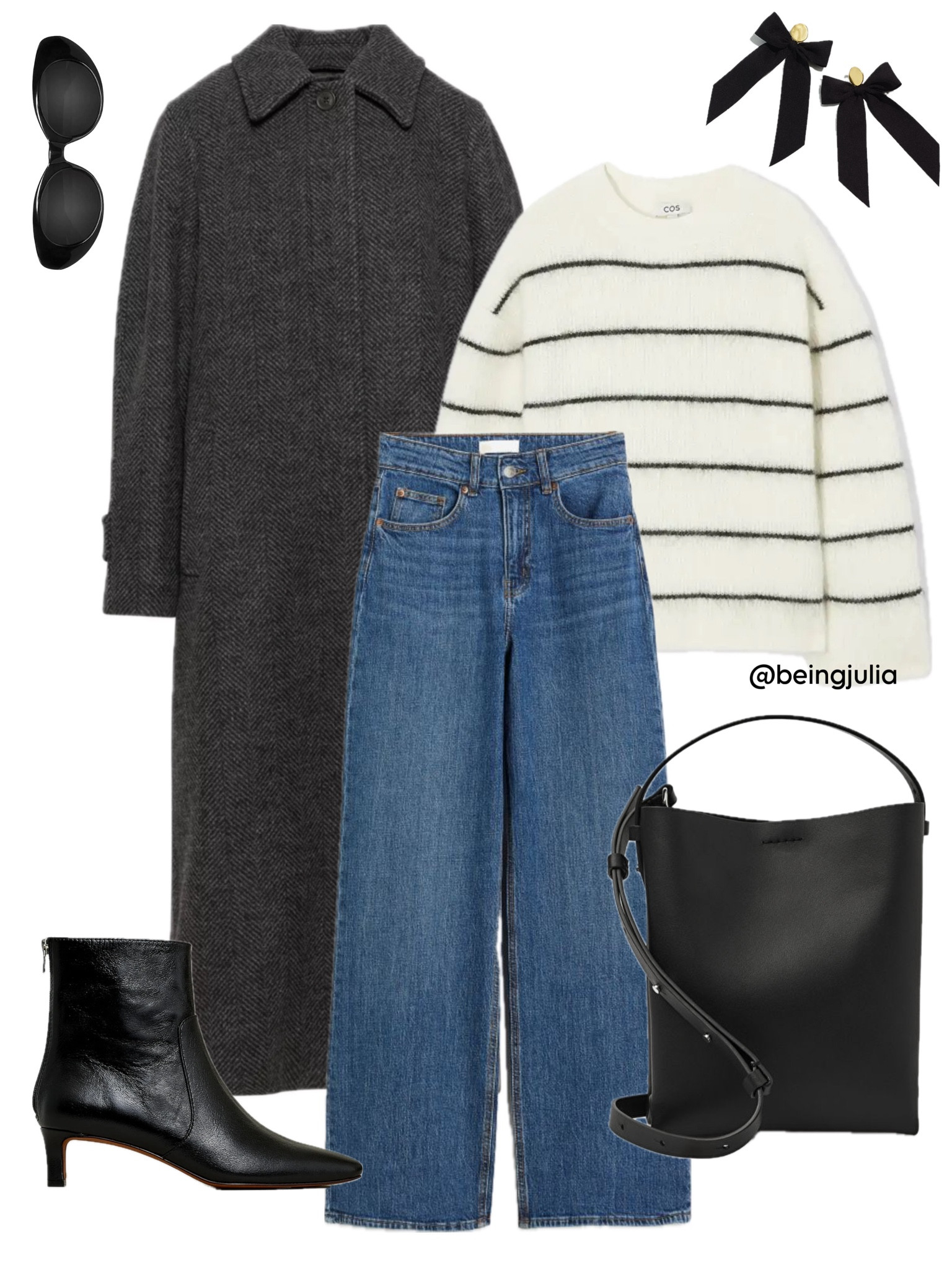 Winter outfit inspiration! Details below:

-Long wool coat
-Striped white sweater
-Wide leg high rise jeans
-Black leather tote bag
-Black kitten heel boots 
-Black sunglasses 
-Bow earrings


#LTKSeasonal #LTKfindsunder100 #LTKstyletip