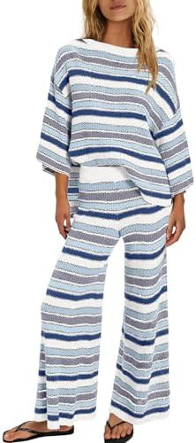 ReachMe Womens Oversized Striped 2 Piece Set Sweater and Wide Leg Pants with Pockets Pajama Loung... | Amazon (US)