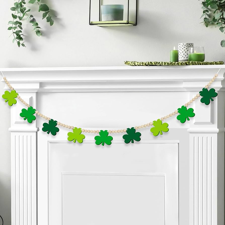 4.5 FT St.Patrick’s Day Shamrock Garland for Decorations, Wood Green Garland with Beads NO DIY,... | Amazon (US)