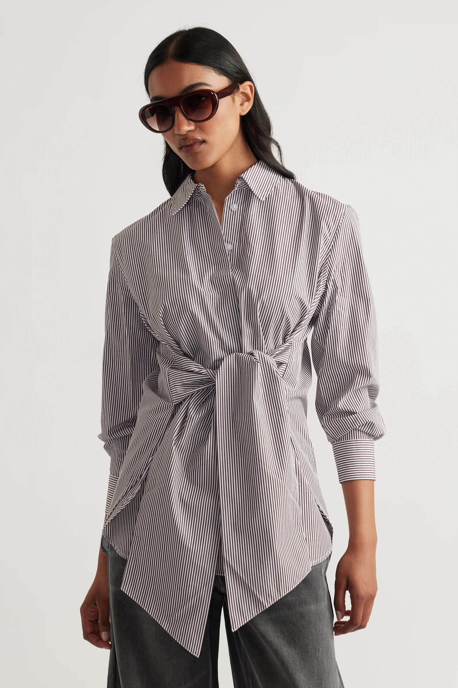 Maggie Tie Shirt - Chocolate Stripe | DECJUBA