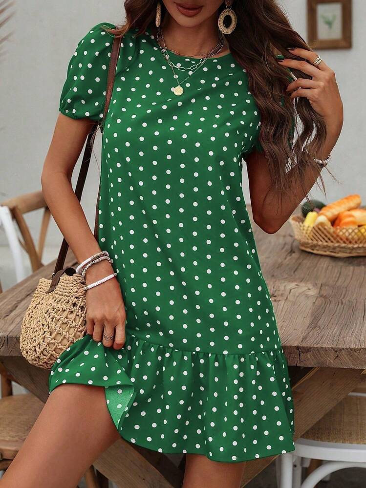 SHEIN LUNE Polka Dot Print Bubble Sleeve Dress With Ruffled Hem For New Year Clothes | SHEIN