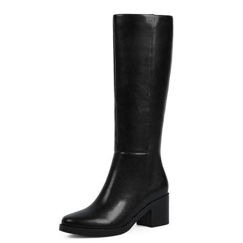 Easyfox Black Knee High Boots for Women Chunky Heel Leather Black Boots Round Toe Tall Long Low Heel Boot Dress Block Heeled Knee High Boot 2025 Size 6 | Amazon (US)