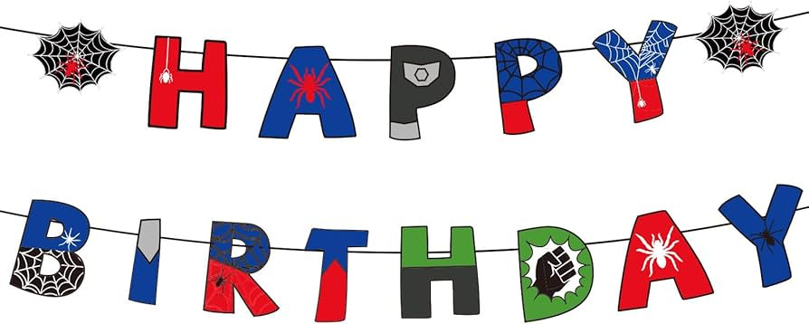 Spider Theme Happy Birthday Banner, Pre-Strung Bunting Garland Cartoon Birthday Decorations Perfe... | Amazon (US)