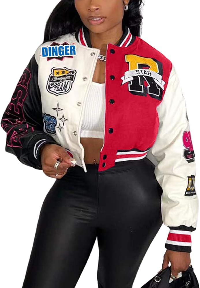 Glitrandi Varsity Jacket Women with Patches Print Cropped Bomber Leather Jacket Women 2025 S-XXL | Amazon (US)