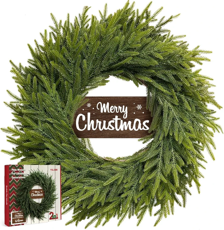 24 Inch Real Touch Christmas Wreath for Front Door, Norfolk Pine Wreath with Welcome Sign, Large ... | Amazon (US)