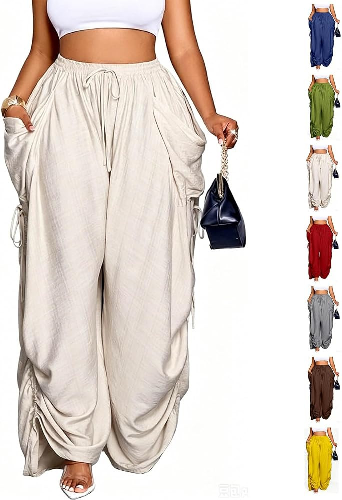 Women's Summer High Waist Wide Leg, Solid Color Pleated Drawstring Waist Casual Loose Wide Leg Pa... | Amazon (US)