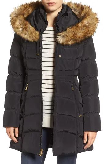 Women's Laundry By Shelli Segal Hooded Down & Feather Fill Coat With Detachable Faux Fur Trim, Size Small - Black | Nordstrom