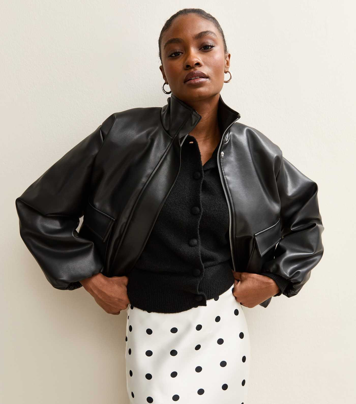 Black Faux Leather Funnel Neck Bomber Jacket | New Look | New Look (UK)