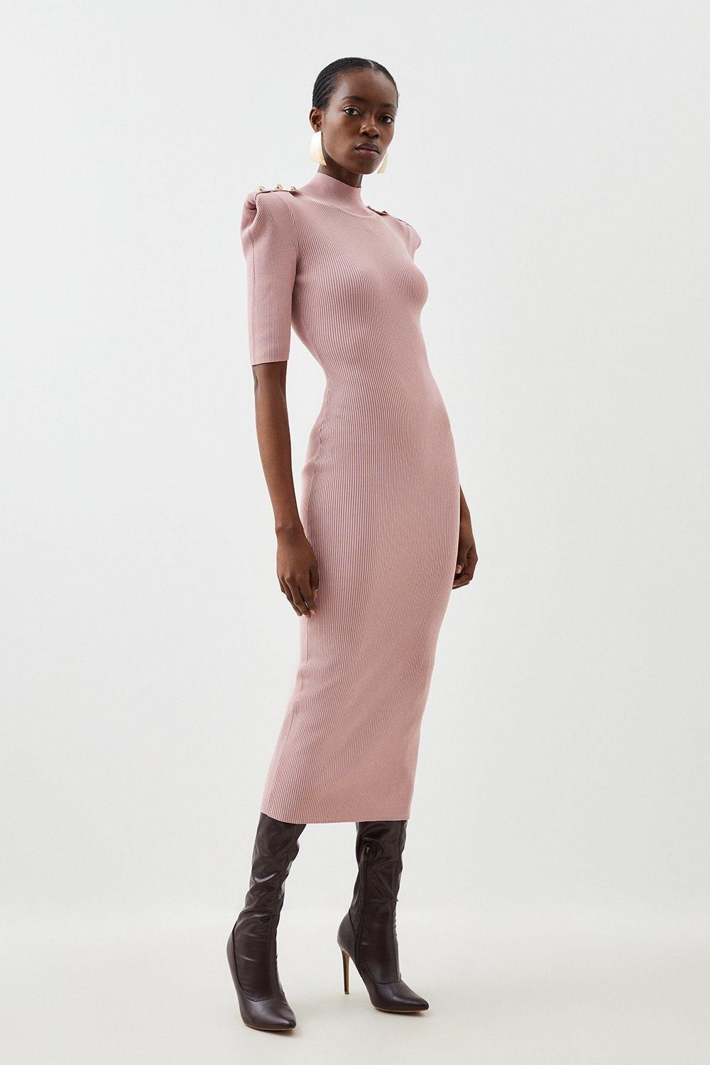 Dresses | Viscose Blend Rib Knit Power Shoulder Military Trim Maxi Dress | KarenMillen | Debenhams UK
