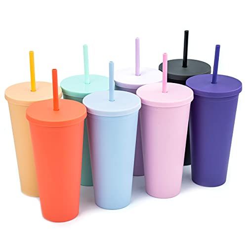 Tumblers with Lids (8 pack) 22oz Pastel Colored Acrylic Cups with Lids and Straws | Double Wall M... | Amazon (US)