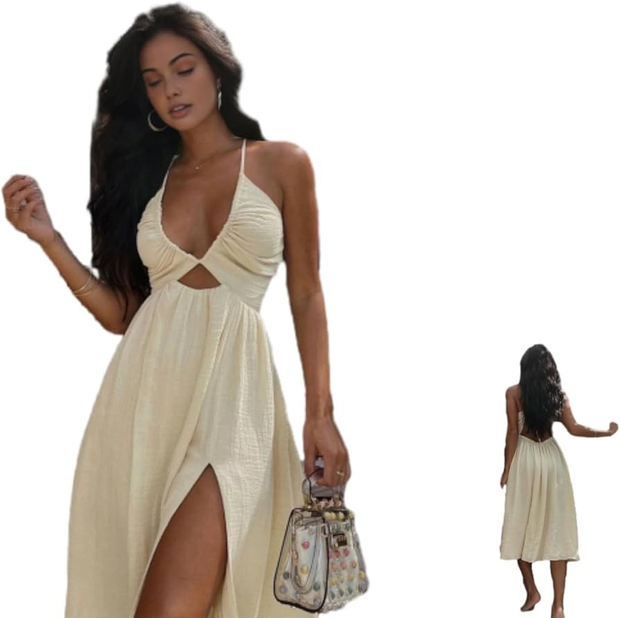 Backless Criss Cross Split Midi Dress, Womens Plain Criss Cross Backless Split Thigh Cami Dress | Amazon (US)