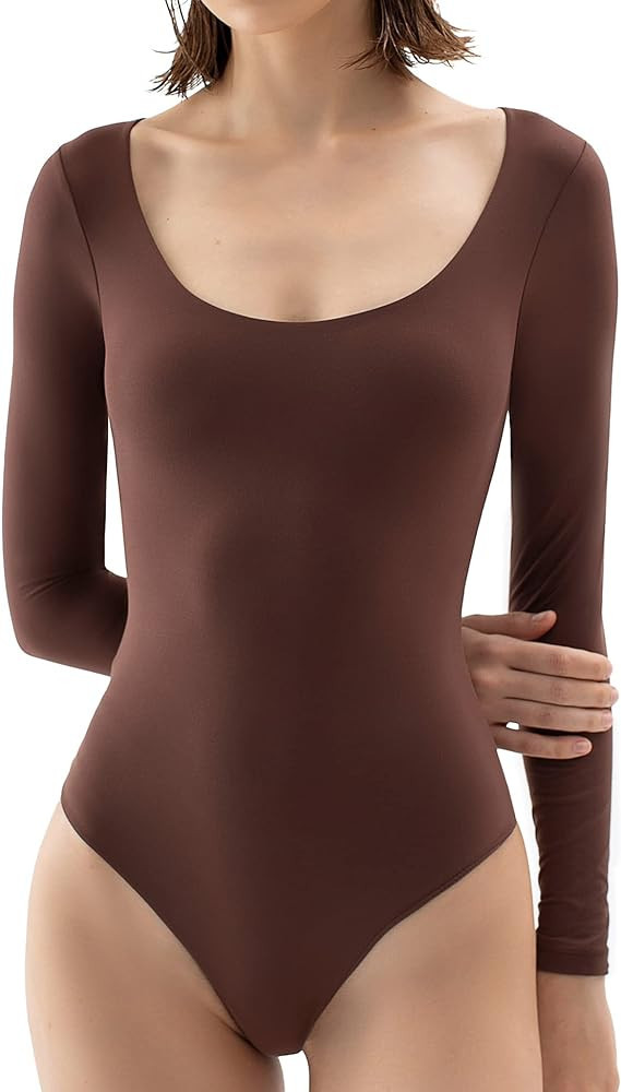 PUMIEY Women's Scoop Neck Long Sleeve Bodysuit Body-hugging Sexy Tops Smoke Cloud Collection | Amazon (US)