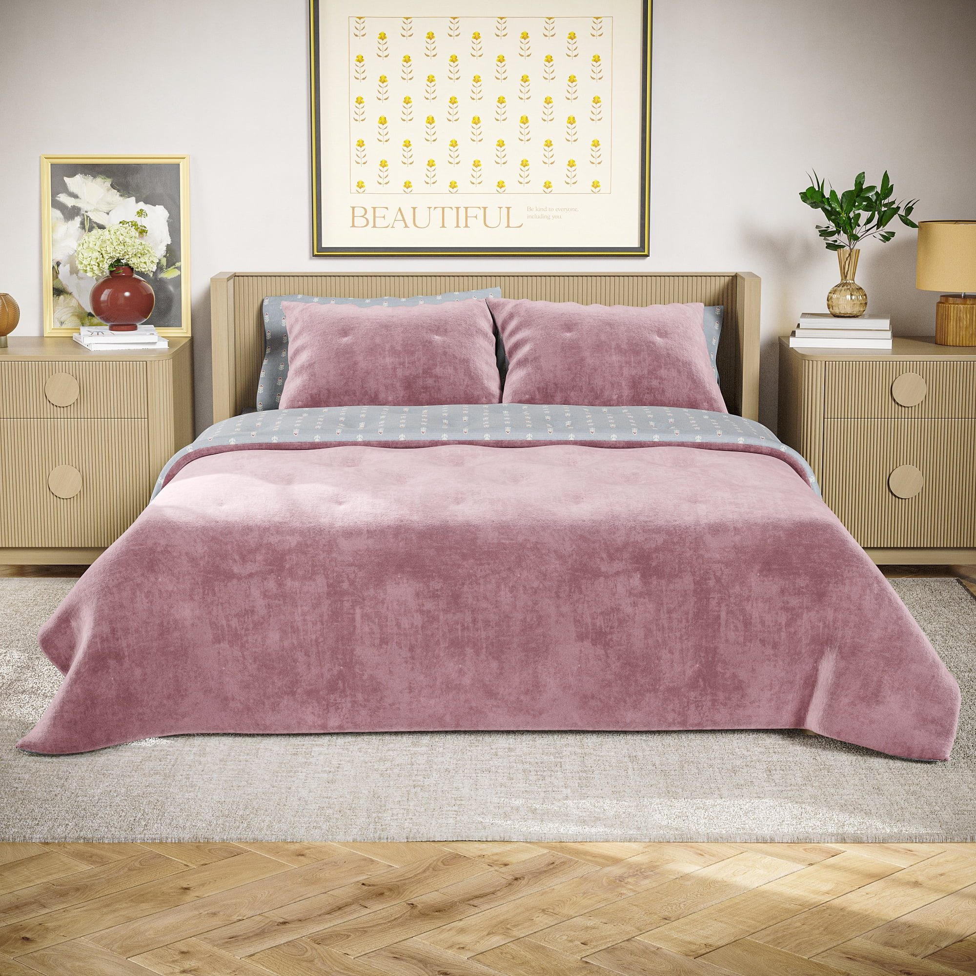 Beautiful Signature Floral Woodrose Pink Velvet Reversible Quilt, King by Drew Barrymore | Walmart (US)