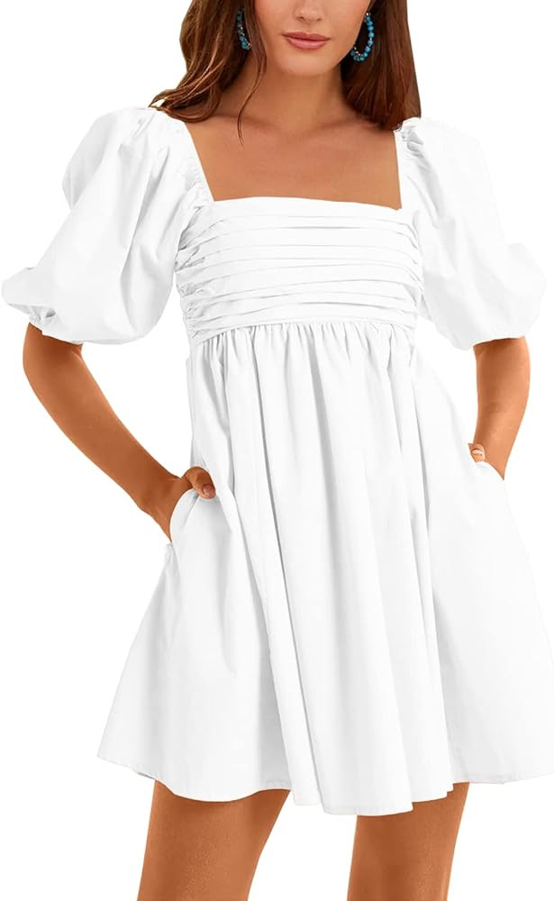 Ebifin Womens Square Neck Dresses Half Puff Sleeve High Waist A-Line Casual Backless Smocked Shor... | Amazon (US)