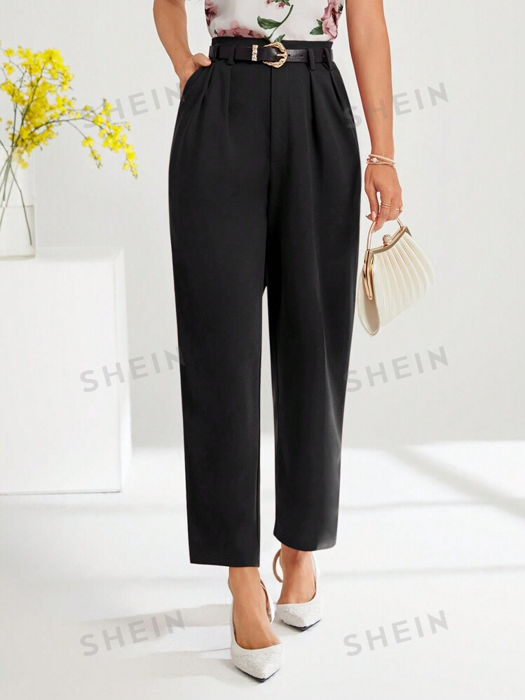 SHEIN Clasi Women's Casual Solid Color Pleated Tapered Suit Pants | SHEIN
