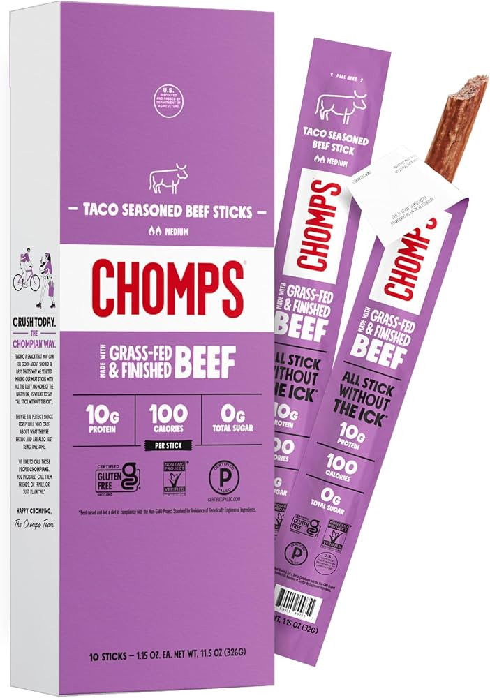 Chomps Taco Beef, Grass-Fed & Finished, 10ct, Protein Snack Stick | Amazon (US)