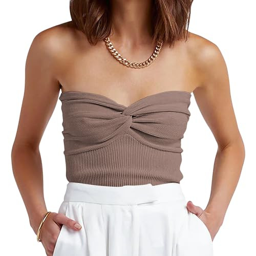 ANRABESS Tube Top for Women Summer Strapless Bandeau Knit Twist Knot Corset Crop Basic Tank Tops 2026 Vacation Beach Clothes Large Deep Khaki | Amazon (US)