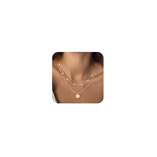 MFRYK Gold Necklaces Stack, 14K Gold Plated Simple Layered Choker Necklaces, Stackable Multilayer Gold Disc Pendant Satellite Pearl Chain Layering Necklaces Set | Amazon (US)