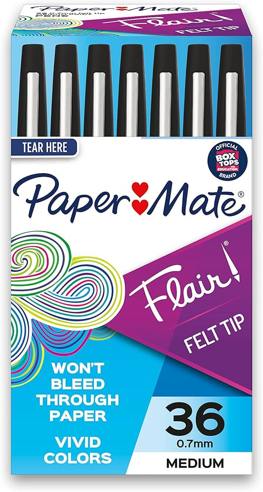 Paper Mate Flair Felt Tip Pens, Medium Point (0.7mm), Black, 36 Count | Amazon (US)