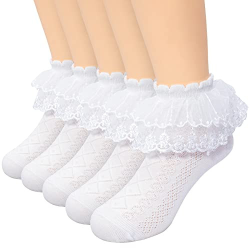 Looching 5 Pairs Toddler Girls Lace Ruffle Socks Baby Kids Eyelet Cotton White Frilly Princess Dress Sock Cute Dance Sock for 7-9years | Amazon (US)