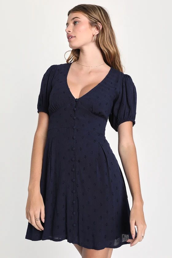 Daily Sweetness Navy Blue Swiss Dot Puff Sleeve Mini Dress | Lulus (US)