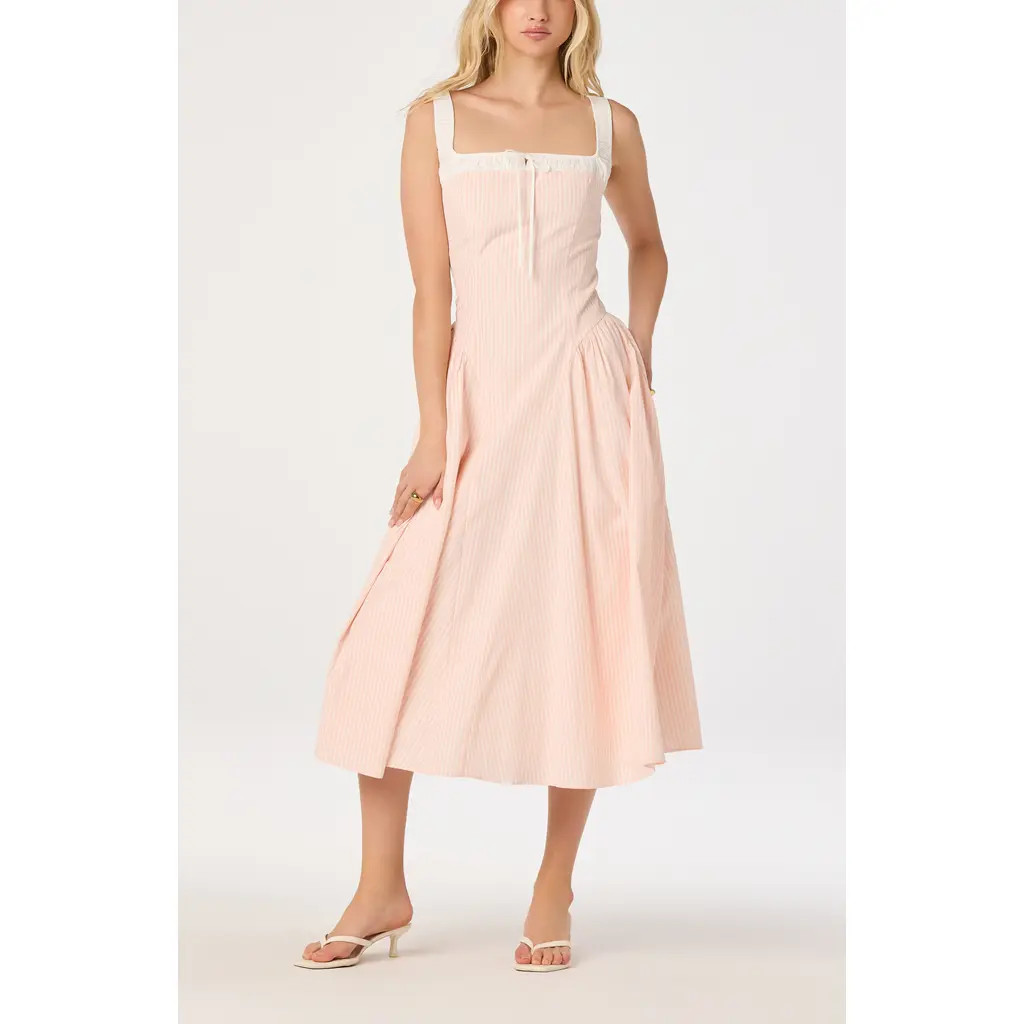 ASTR the Label Hazel Ticking Stripe Midi Dress in Pink Stripe at Nordstrom, Size Large | Nordstrom