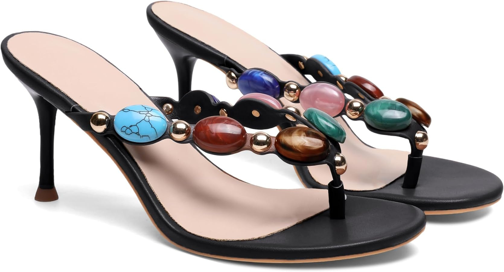 Oakmoo Women's Jeweled Thong Strappy Sandal Summer Mules Kitten Heels Flip Flop Round Open Toe Mi... | Amazon (US)