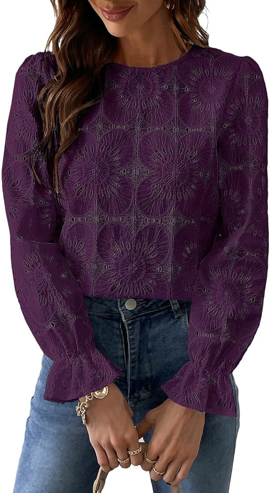 CUPSHE Women's Eyelet Long Sleeve Tops Shirts Dressy Hollow Out Crochet Lace Embroidered Blouses ... | Amazon (US)