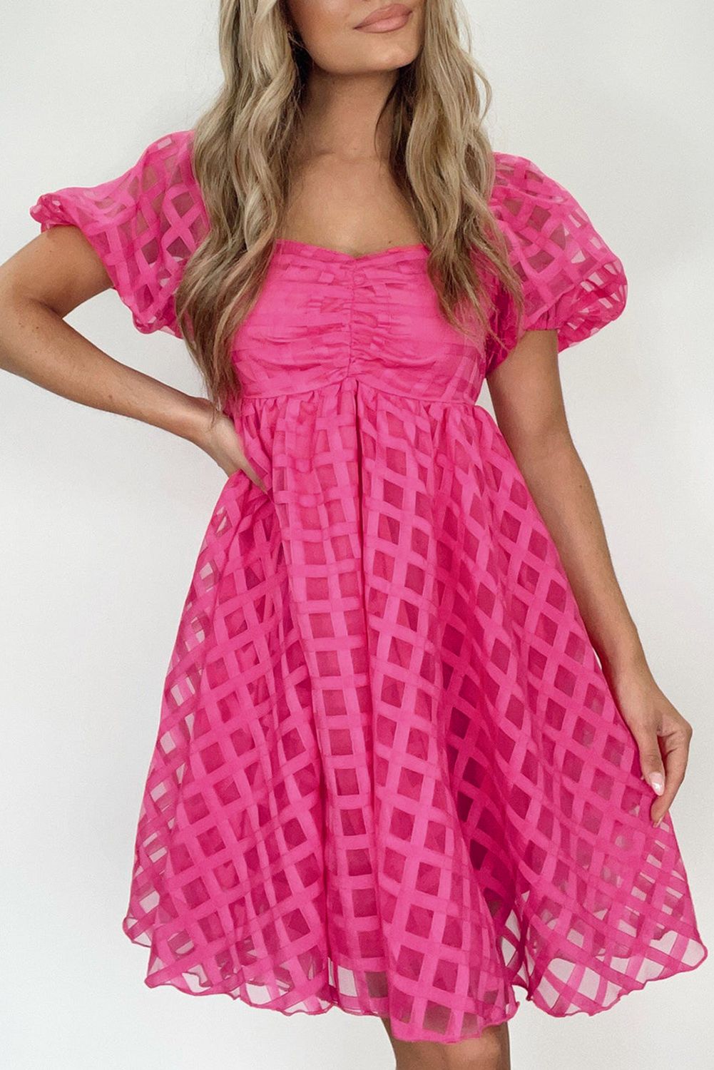 Strawberry Pink Checkered Puff Sleeve Babydoll Dress | Shewin