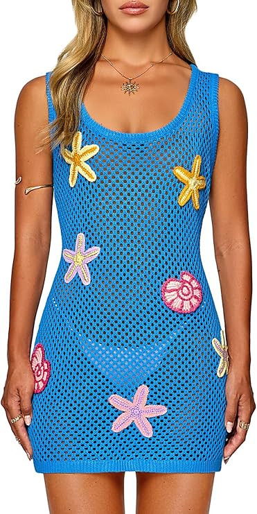 FAIRY SEASON Women's Crochet Beach Cover Up with 3D Starfish & Shells, Sleeveless Mini Dress for ... | Amazon (US)