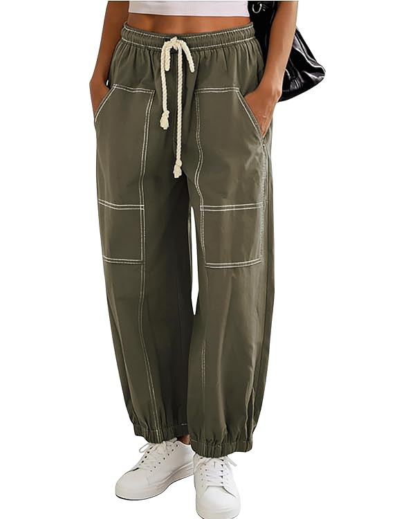 Himosyber Womens Baggy Wide Leg Pants Casual Loose Elastic Drawstring Waist Harem Pants with Pock... | Amazon (US)